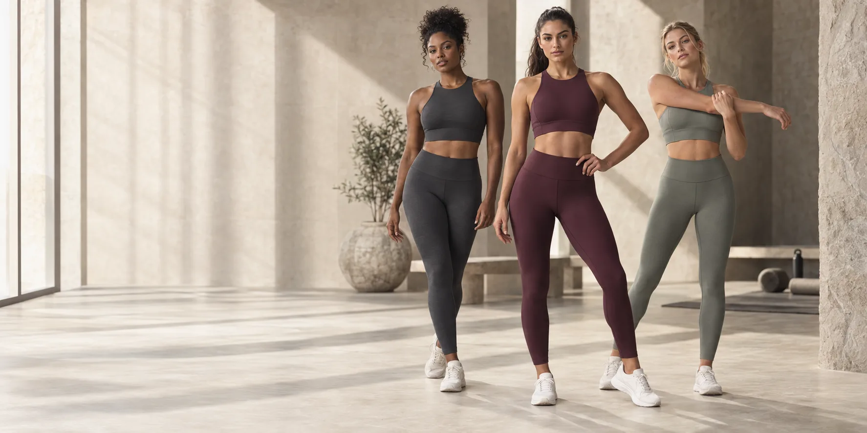 Three adult models in plum, graphite and sage activewear for the fictional VAERA campaign