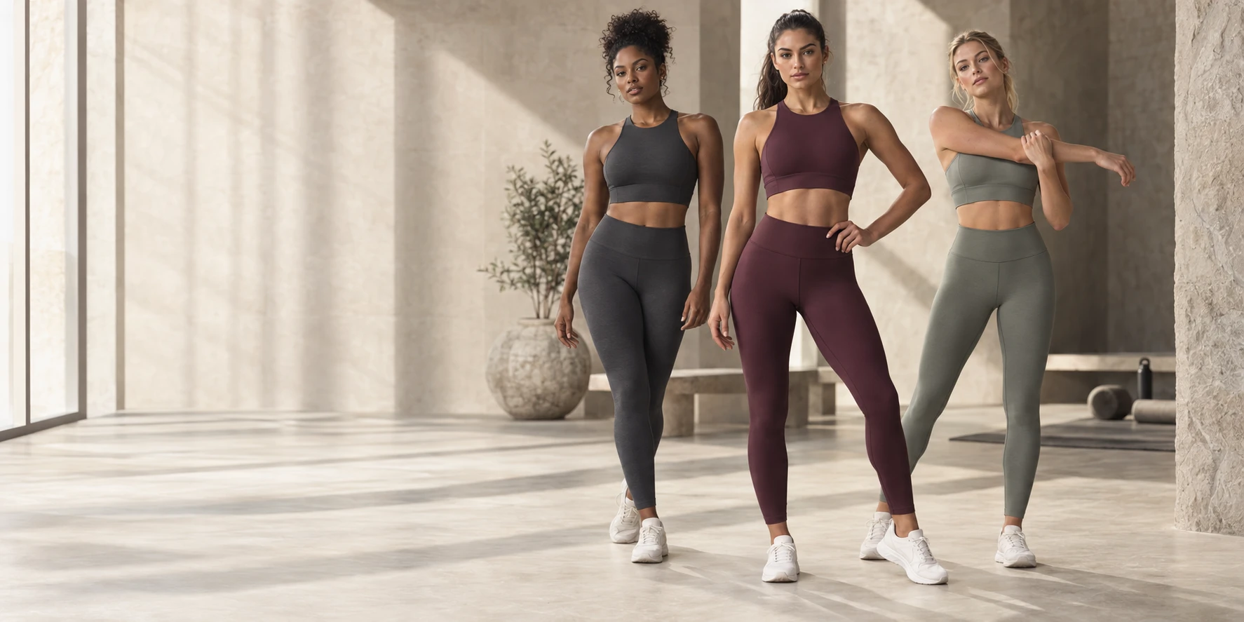 Three adult models in plum, graphite and sage activewear for the fictional VAERA campaign