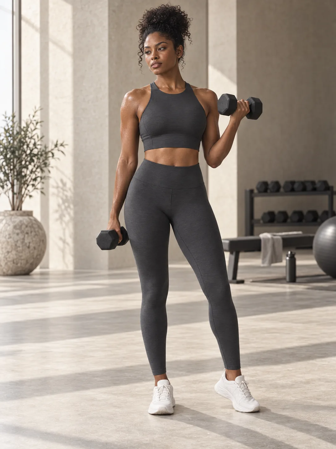 Adult VAERA athlete in graphite activewear training with dumbbells