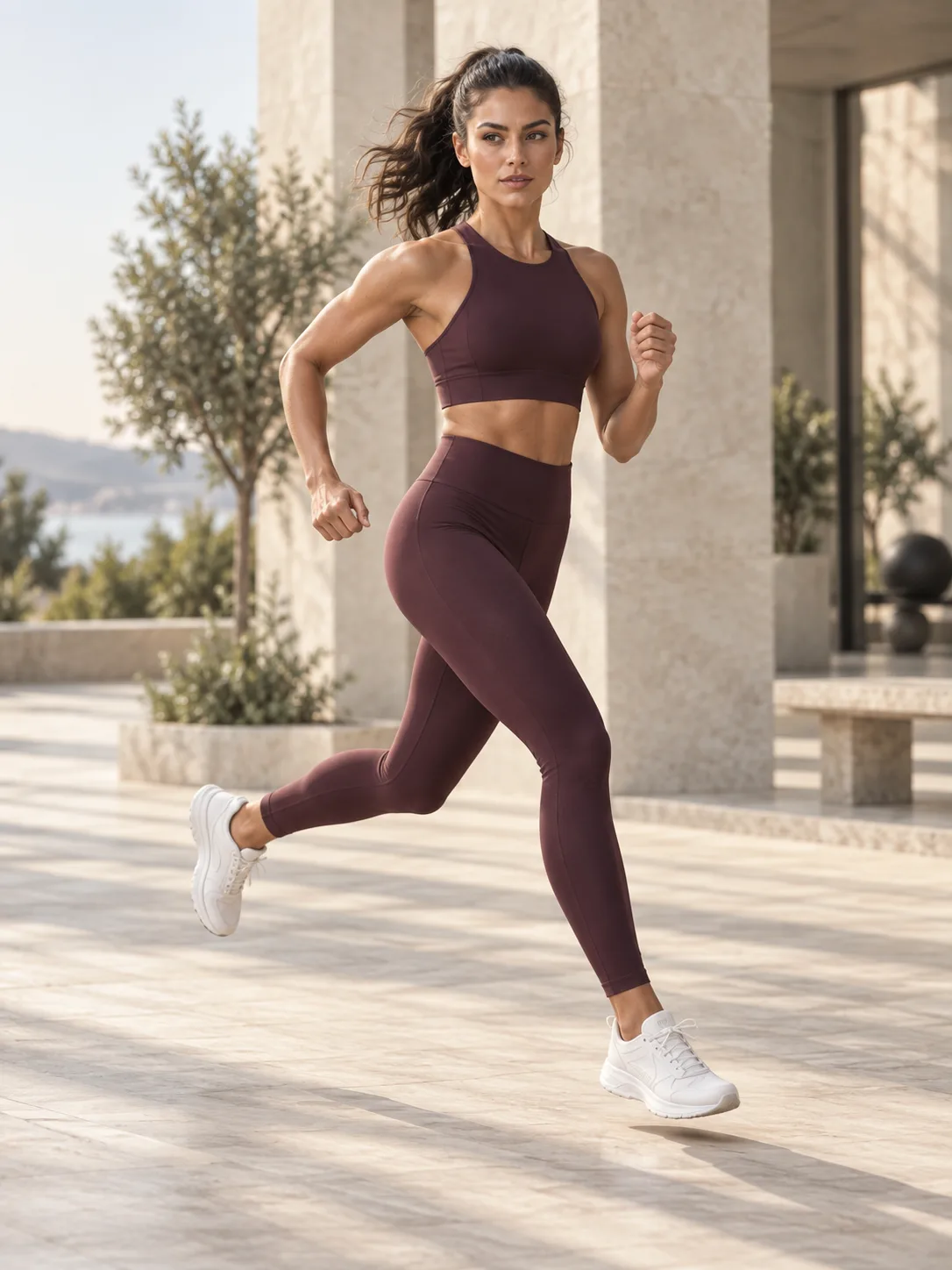 Adult VAERA athlete running outdoors in plum activewear