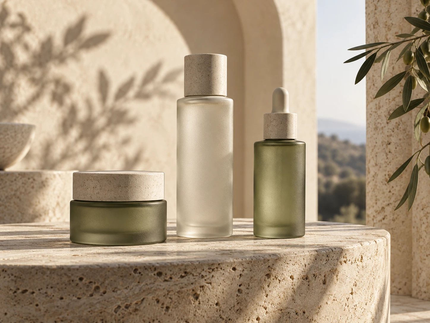 Frosted glass beauty bottles on a pale stone plinth