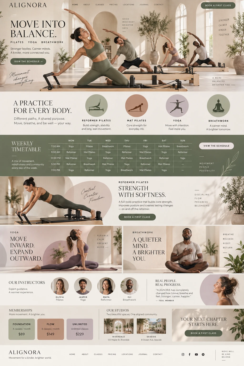ALIGNORA Pilates and yoga homepage concept in sage and warm neutrals, with a sunlit reformer studio, a class timetable, movement practices, instructors and memberships.