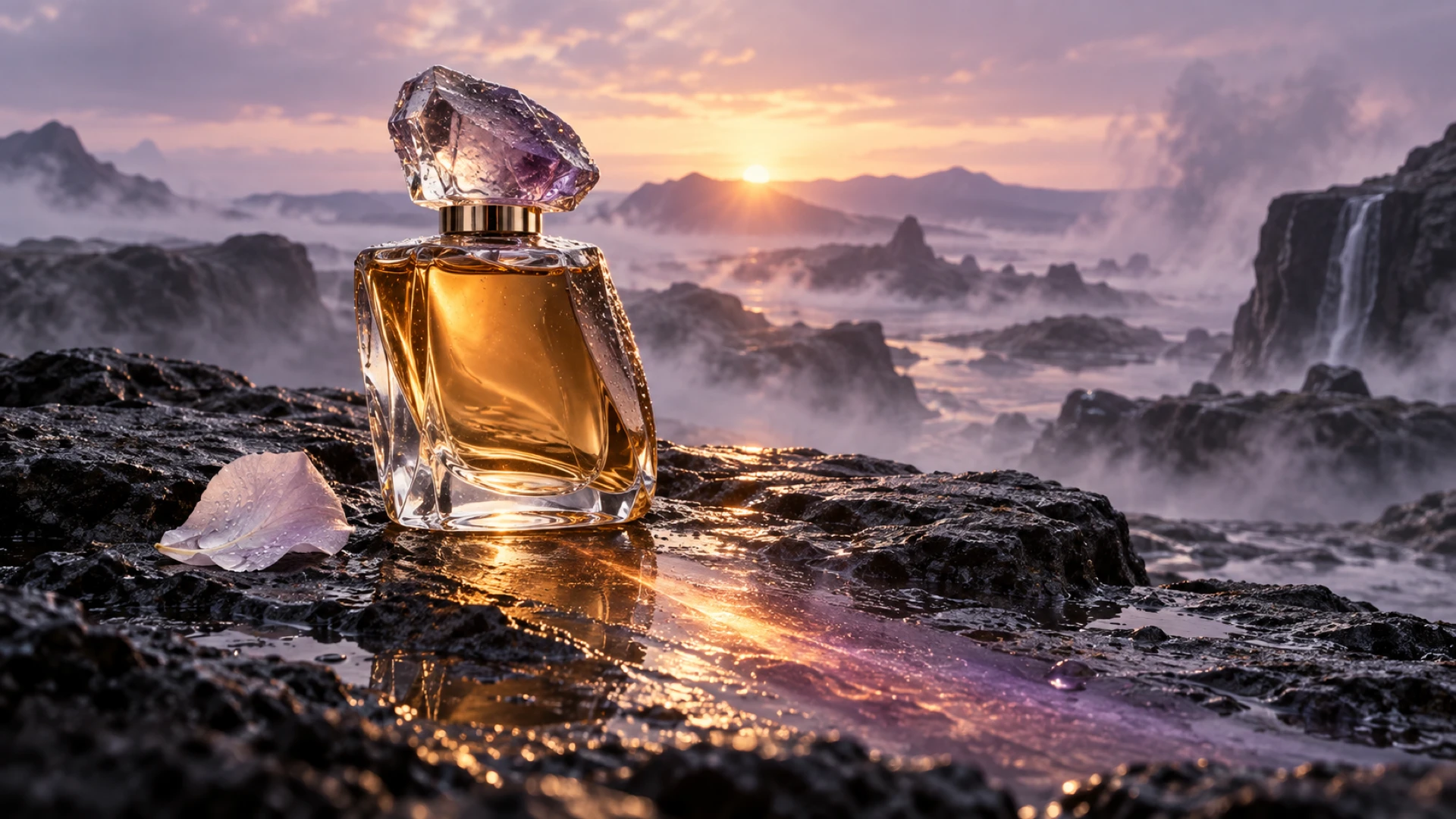 AMARAE fragrance art-direction image with an amber glass perfume bottle and crystal-cut cap on wet black rock, framed by mist, waterfalls and a violet-gold sunrise.