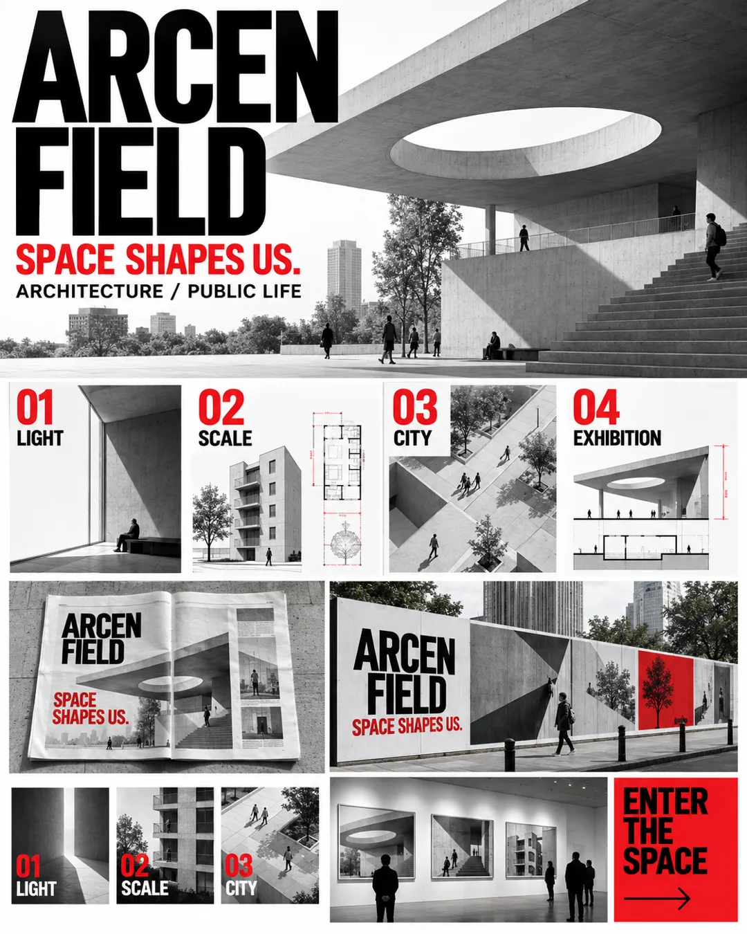 ARCEN FIELD architecture campaign board in black, white and red, with a concrete public plaza, circular skylight, architectural drawings, magazine spreads, exhibition images and street posters.