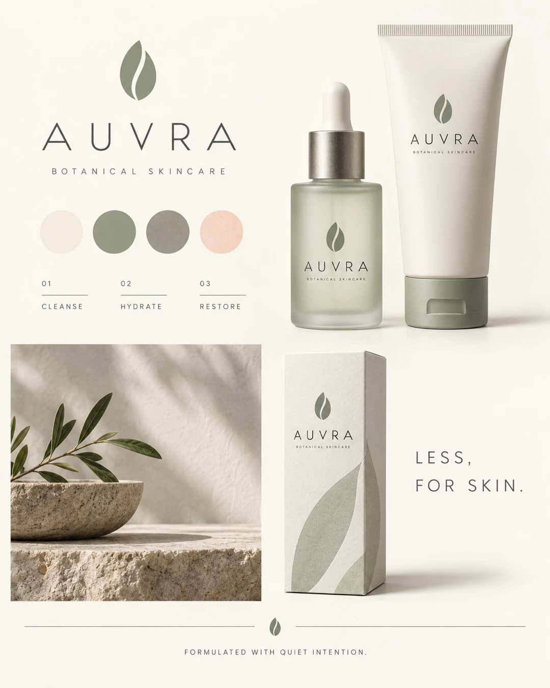 AUVRA botanical skincare identity board with a leaf logo, sage and cream palette, frosted serum bottle, skincare tube and textured paper carton beside olive branches.