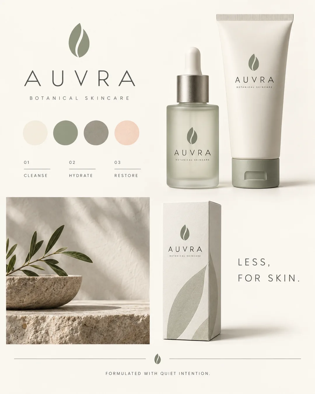 AUVRA botanical skincare identity board with a leaf logo, sage and cream palette, frosted serum bottle, skincare tube and textured paper carton beside olive branches.