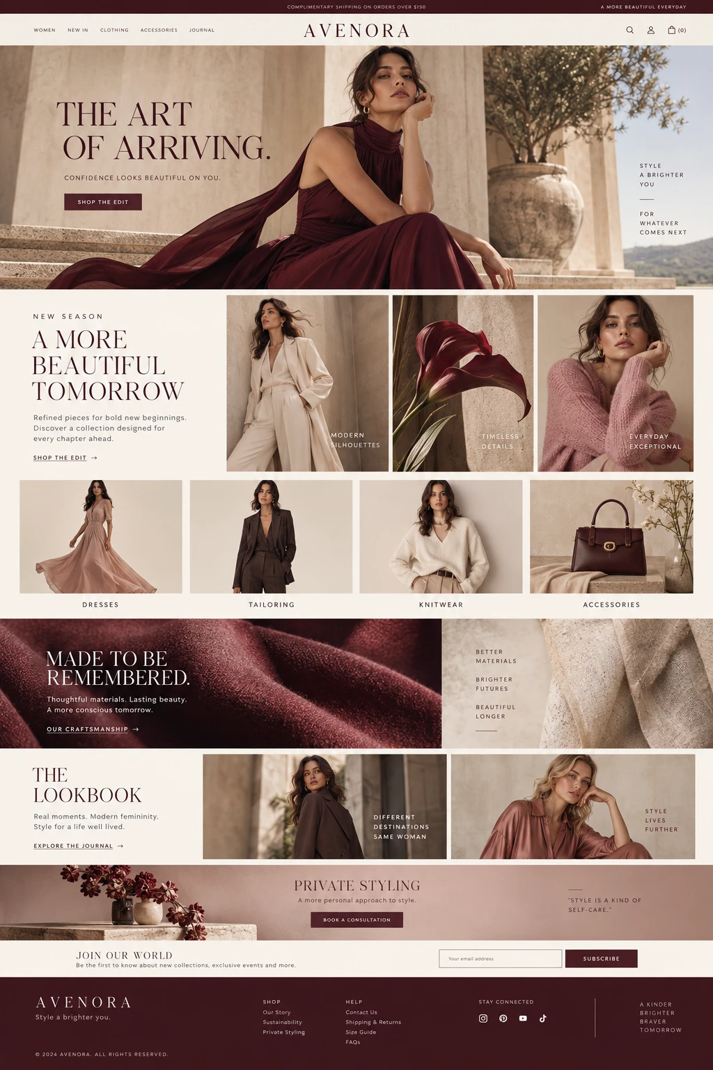 AVENORA women’s fashion homepage concept with burgundy and cream styling, an editorial dress campaign, tailoring and knitwear collections, fabric details and a lookbook.