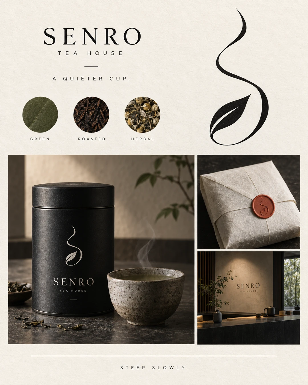 SENRO tea house identity board with a flowing steam and leaf symbol, tea-leaf palette, black cylindrical tea tin, steaming ceramic bowl, sealed paper parcel and tea-house signage.