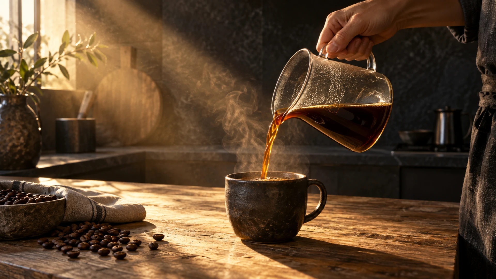 CANDEL coffee art-direction image showing steaming coffee poured from a glass carafe into a dark ceramic cup on a rustic wooden table in golden morning light.