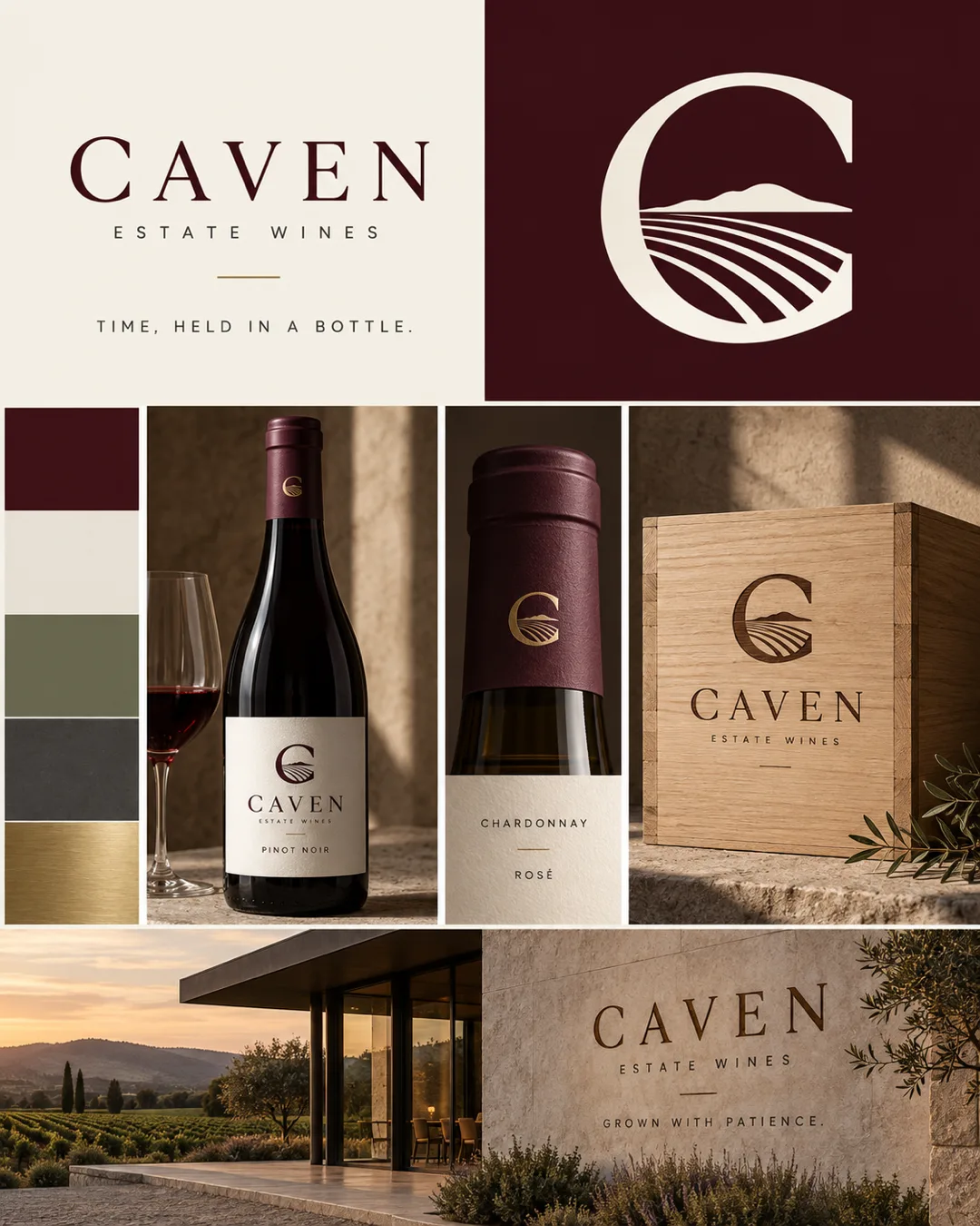 CAVEN estate wines identity board with a vineyard monogram, burgundy and cream palette, wine bottle and label details, engraved wooden case and stone winery signage.