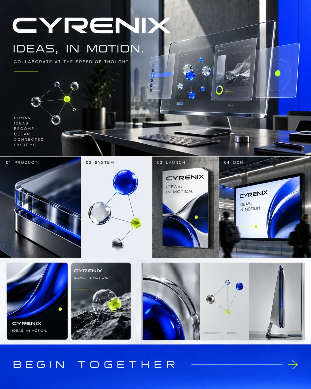 CYRENIX technology campaign board with a transparent desktop interface, connected glass spheres, electric-blue and lime accents, launch posters, station advertising and an editorial spread.