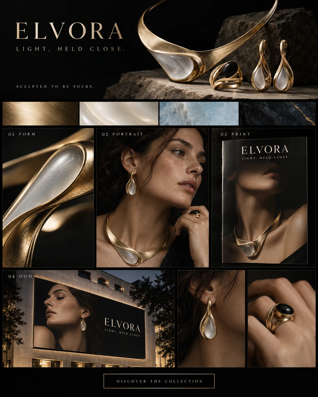 ELVORA jewelry campaign board on black, featuring a sculptural gold necklace, pearl-like earrings, black-stone ring, model portrait, material close-ups, print ad and building billboard.
