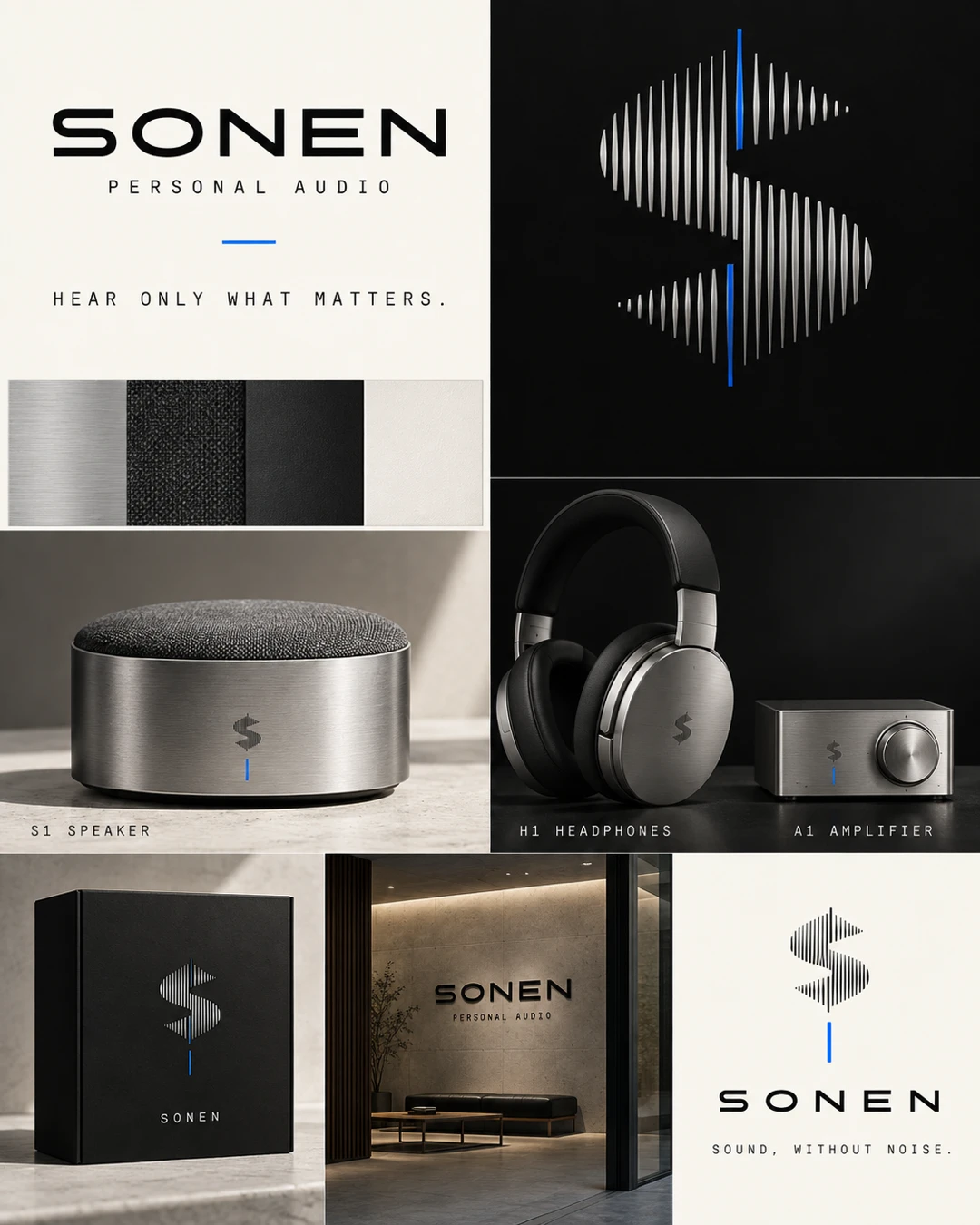 SONEN personal audio identity board with a waveform S symbol, brushed silver and black palette with blue accents, speaker, headphones, amplifier, product box and listening-room signage.