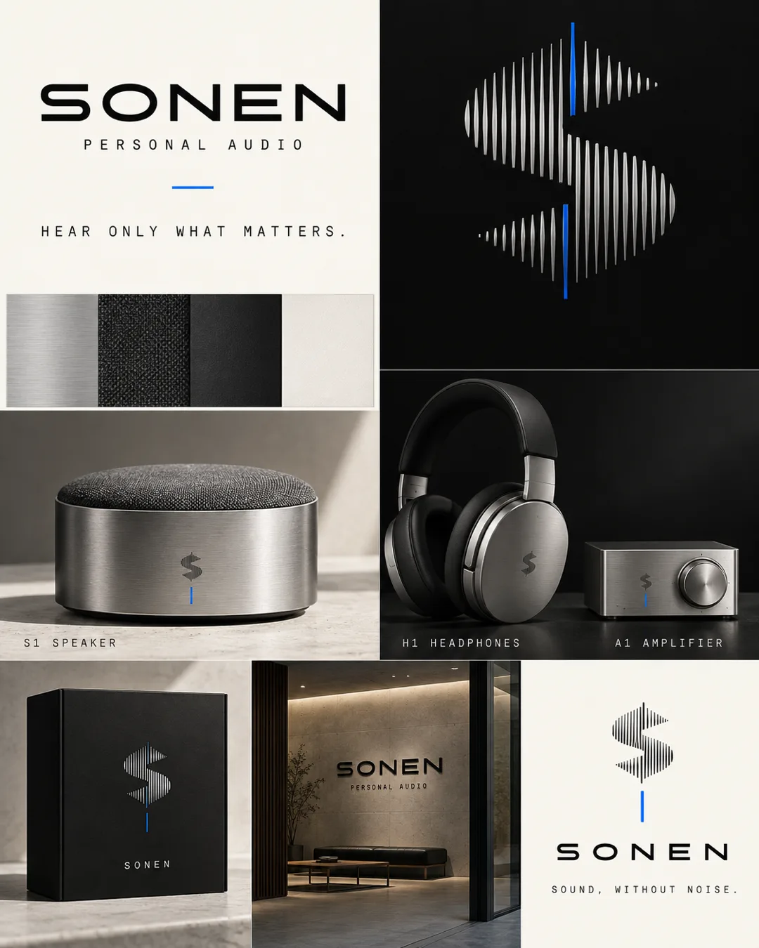SONEN personal audio identity board with a waveform S symbol, brushed silver and black palette with blue accents, speaker, headphones, amplifier, product box and listening-room signage.