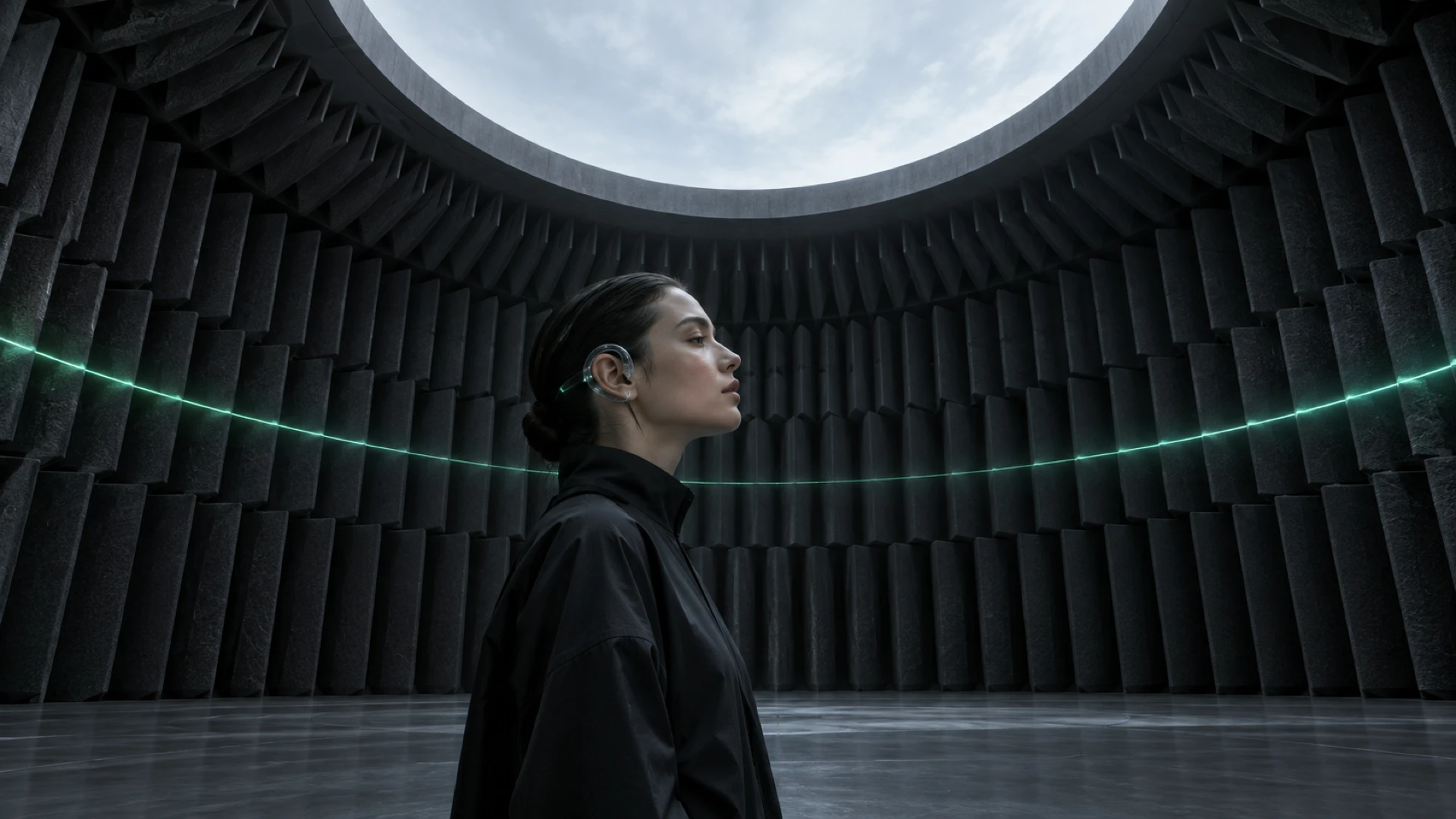 HALCYN wearable-tech art-direction image with a woman wearing a transparent ear device inside a dark circular acoustic chamber crossed by a glowing green line.