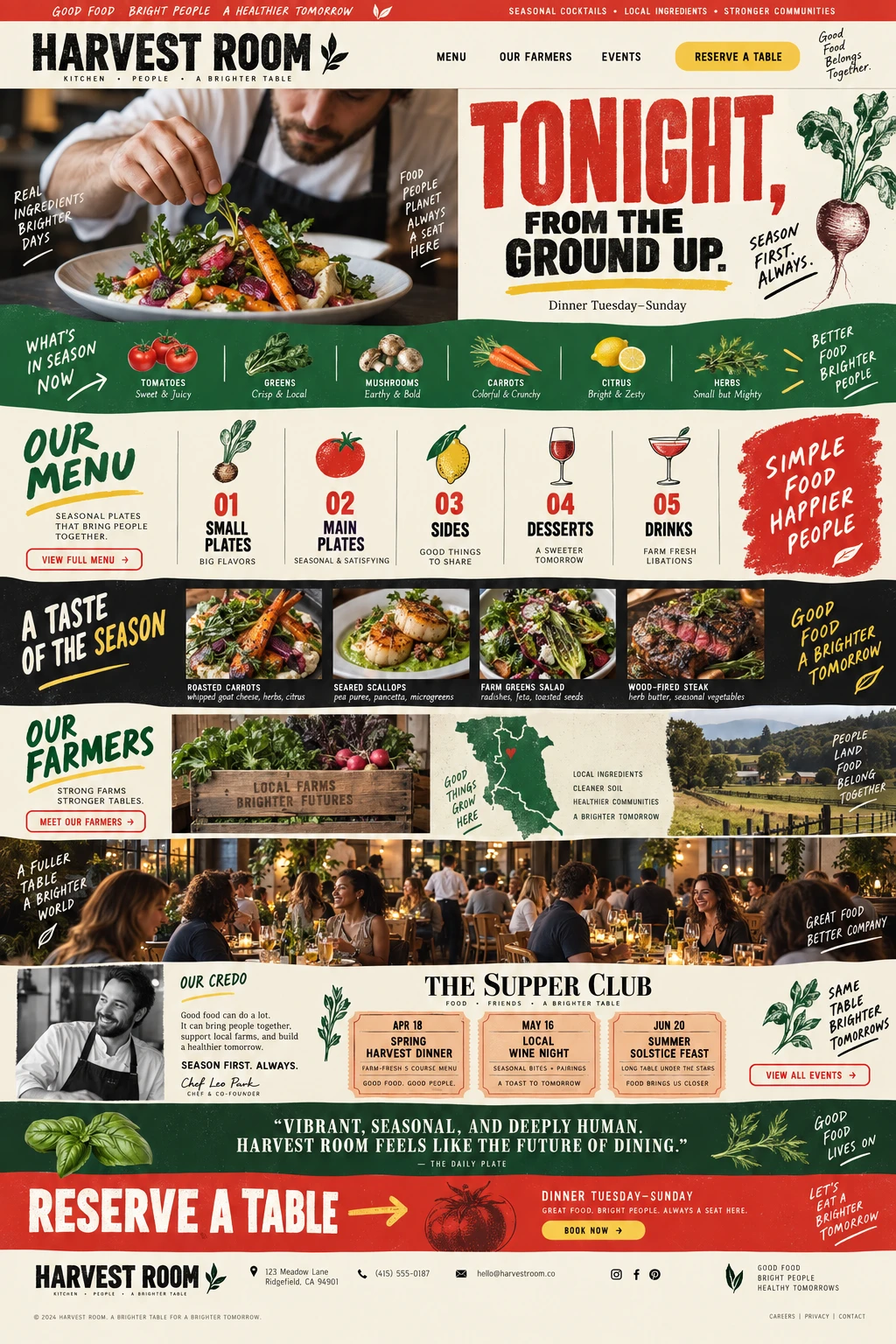 HARVEST ROOM restaurant homepage concept in cream, tomato red and green, combining bold lettering, seasonal food photography, illustrated produce and supper-club events.