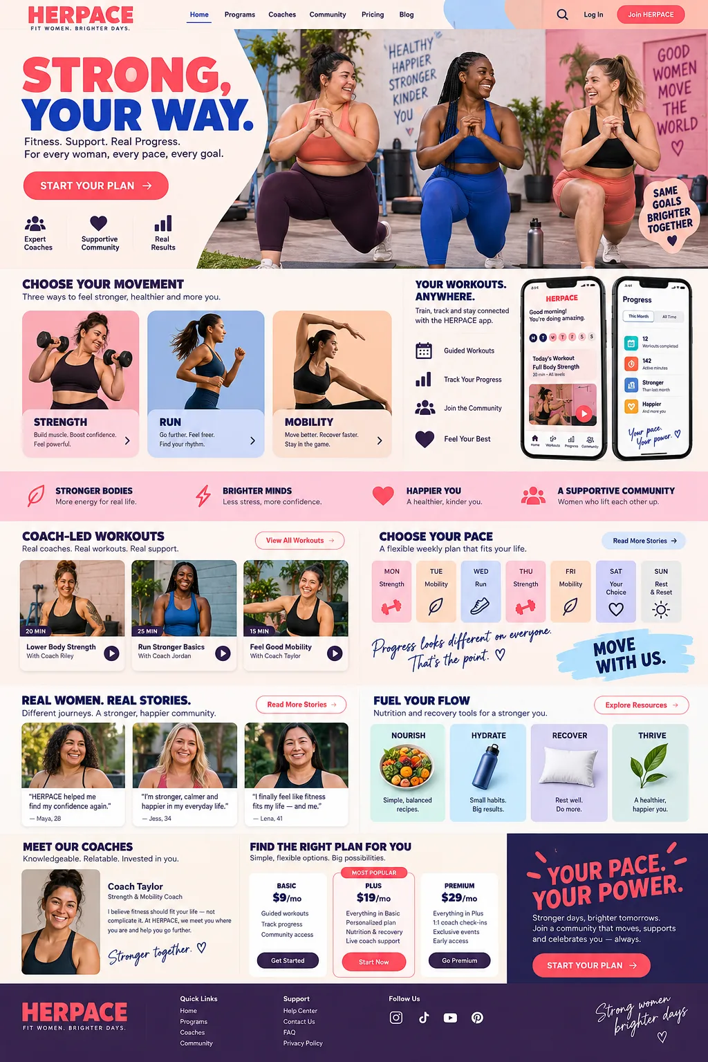 HERPACE women’s fitness homepage concept in coral, blue and soft pastels, showing three women exercising, workout programs, a mobile app, coaches and membership plans.