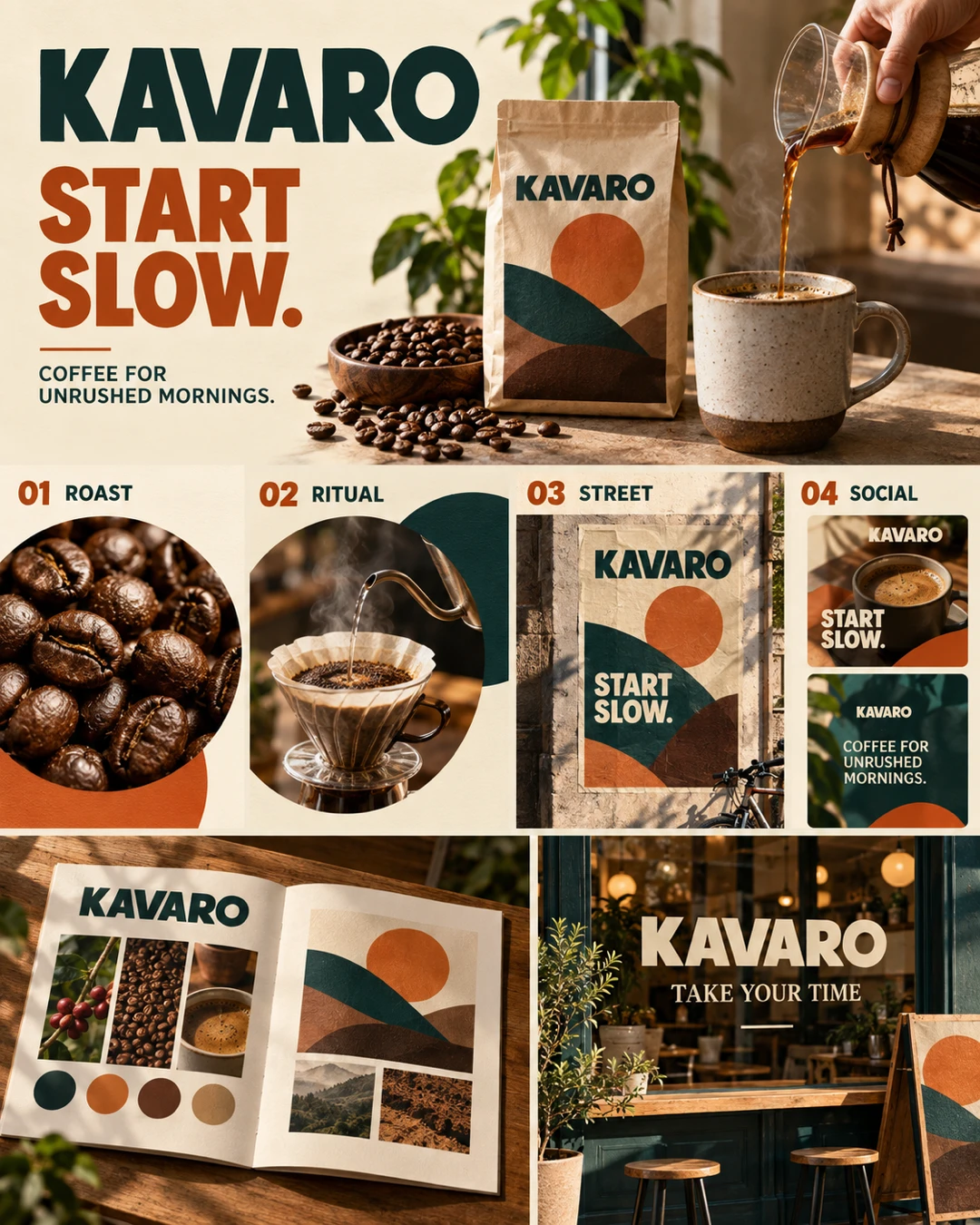 KAVARO coffee campaign board in cream, forest green and burnt orange, with coffee being poured, kraft packaging, roasted beans, brewing details, street poster, social layouts and a café storefront.