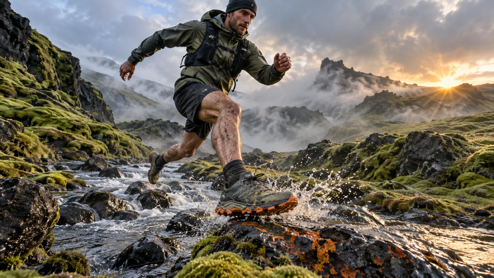 KESTRA trail-footwear art-direction image of a runner splashing through a rocky stream in misty green mountains at sunrise, with the shoe prominent in the foreground.