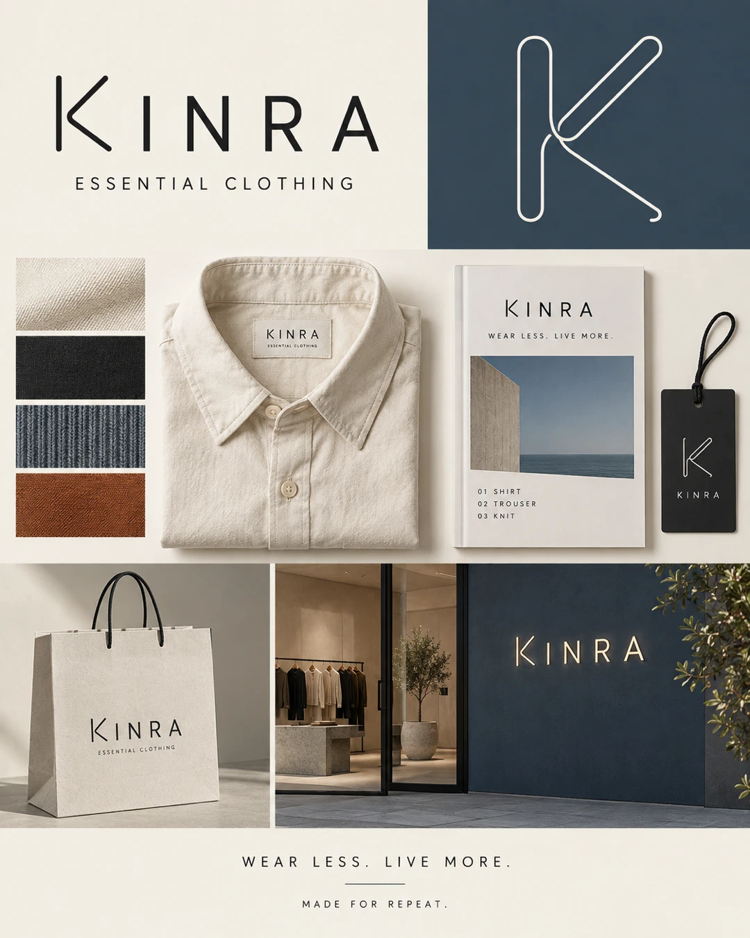 KINRA essential clothing identity board with a linear K symbol, cream and slate-blue palette, folded shirt, woven label, lookbook, black hang tag, shopping bag and boutique signage.