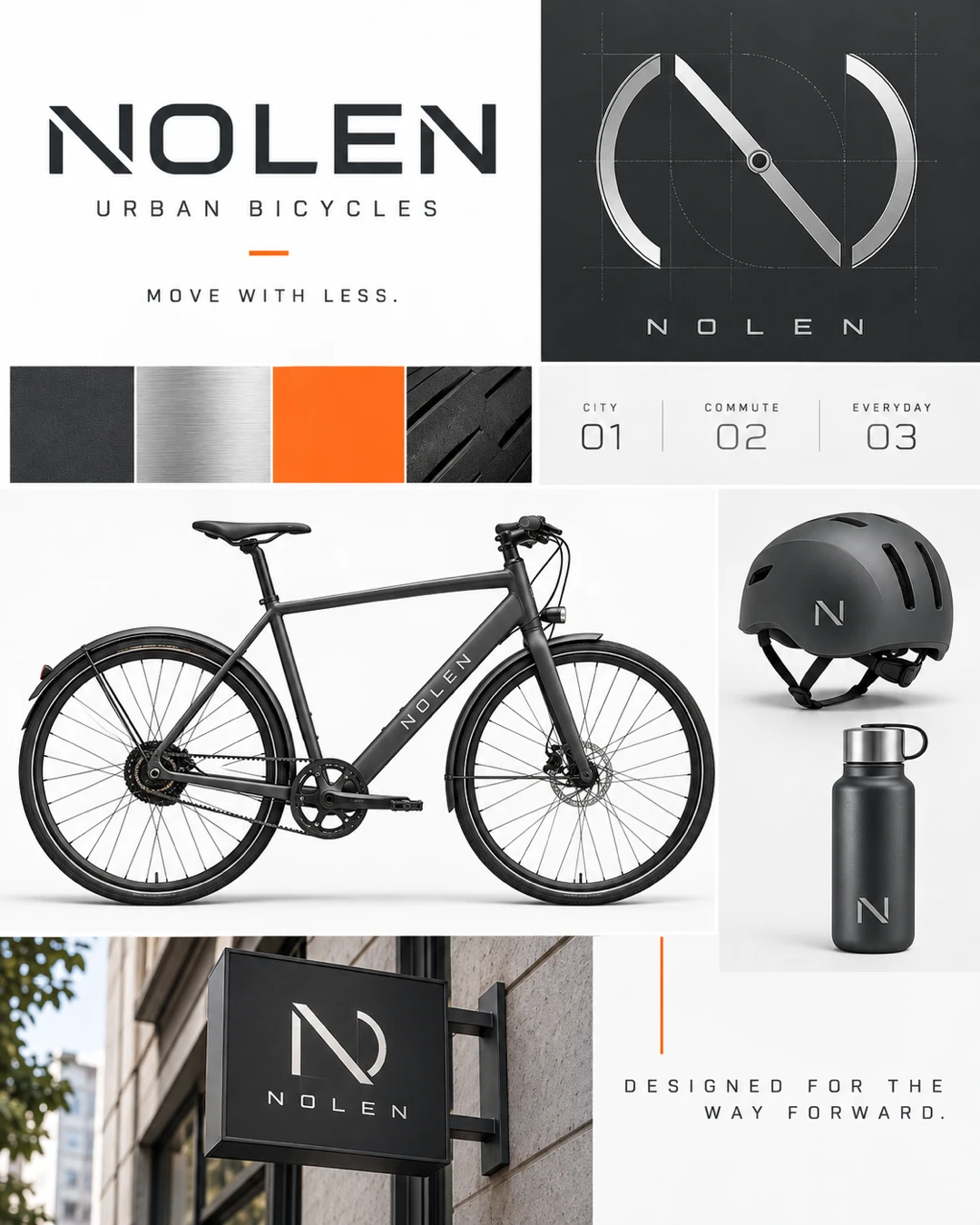NOLEN urban bicycles identity board with a geometric N and wheel symbol, charcoal and orange palette, black city bicycle, branded helmet, water bottle and projecting shop sign.