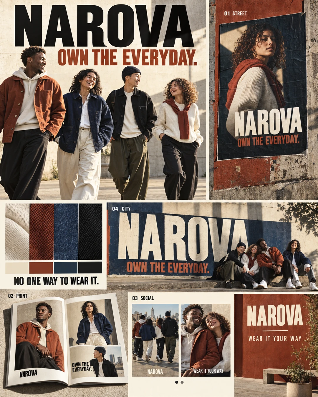 NAROVA clothing campaign board showing four friends in casual layers, rust and navy fabric textures, street portraits, a magazine spread, social tiles and oversized wall advertising.