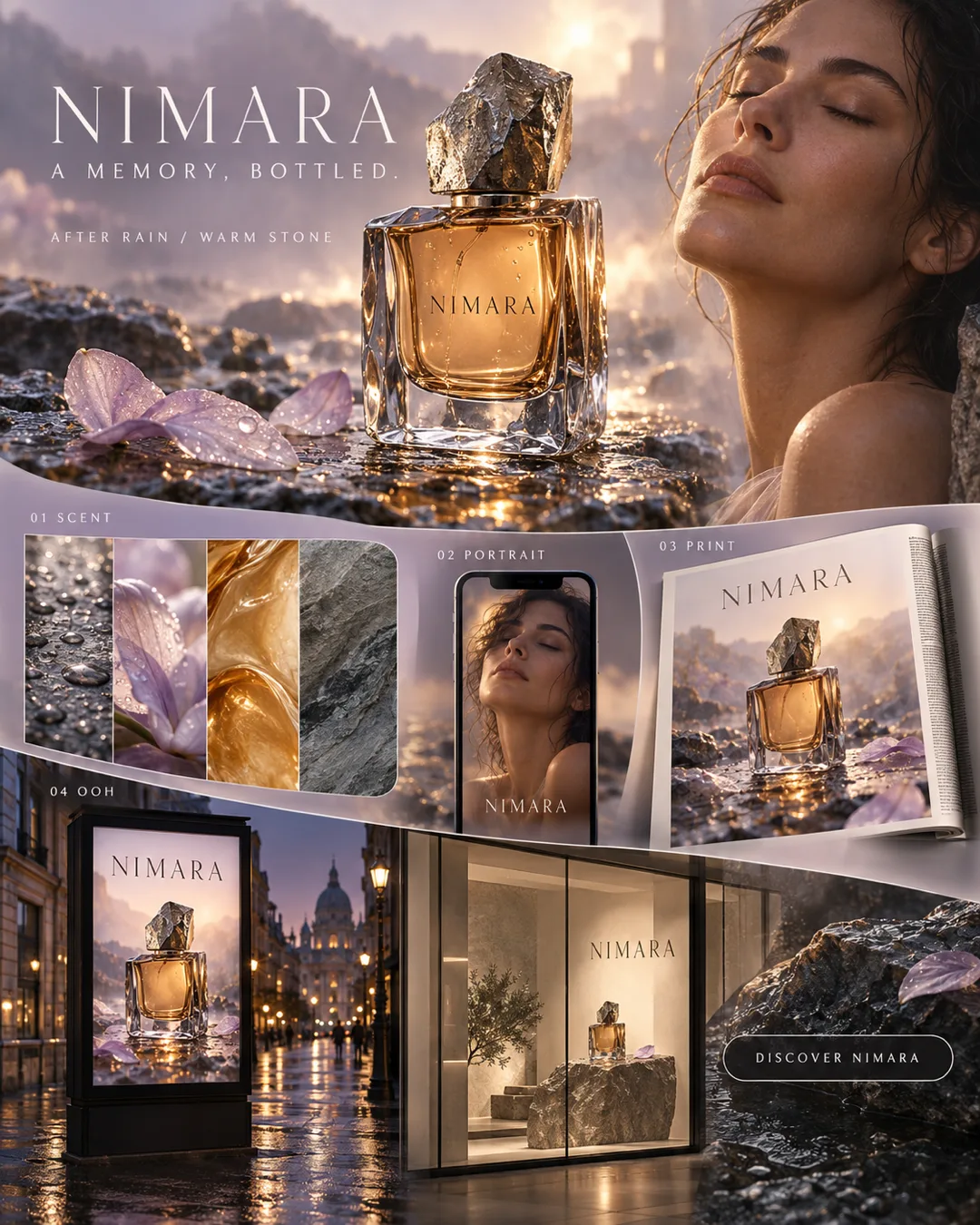 NIMARA fragrance campaign board with an amber perfume bottle and stone cap, wet rock and lilac petals, a model portrait, phone mockup, magazine ad, illuminated street poster and retail window.