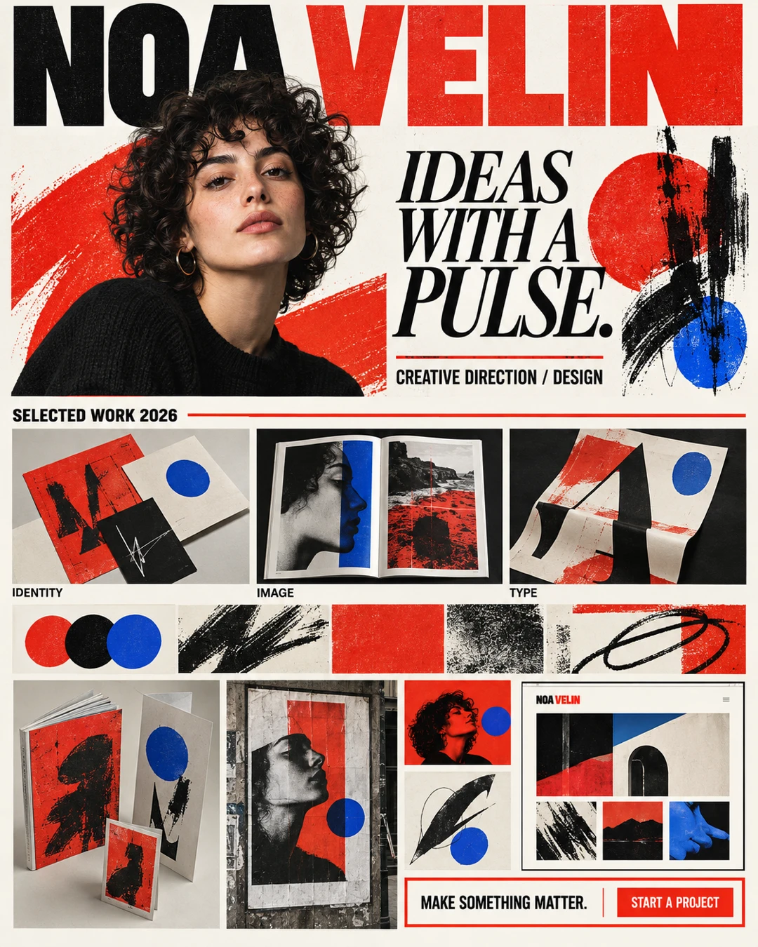 NOA VELIN creative campaign board in red, black, blue and cream, featuring a portrait, expressive brush marks, printed identity pieces, editorial spreads, a street poster and portfolio mockup.