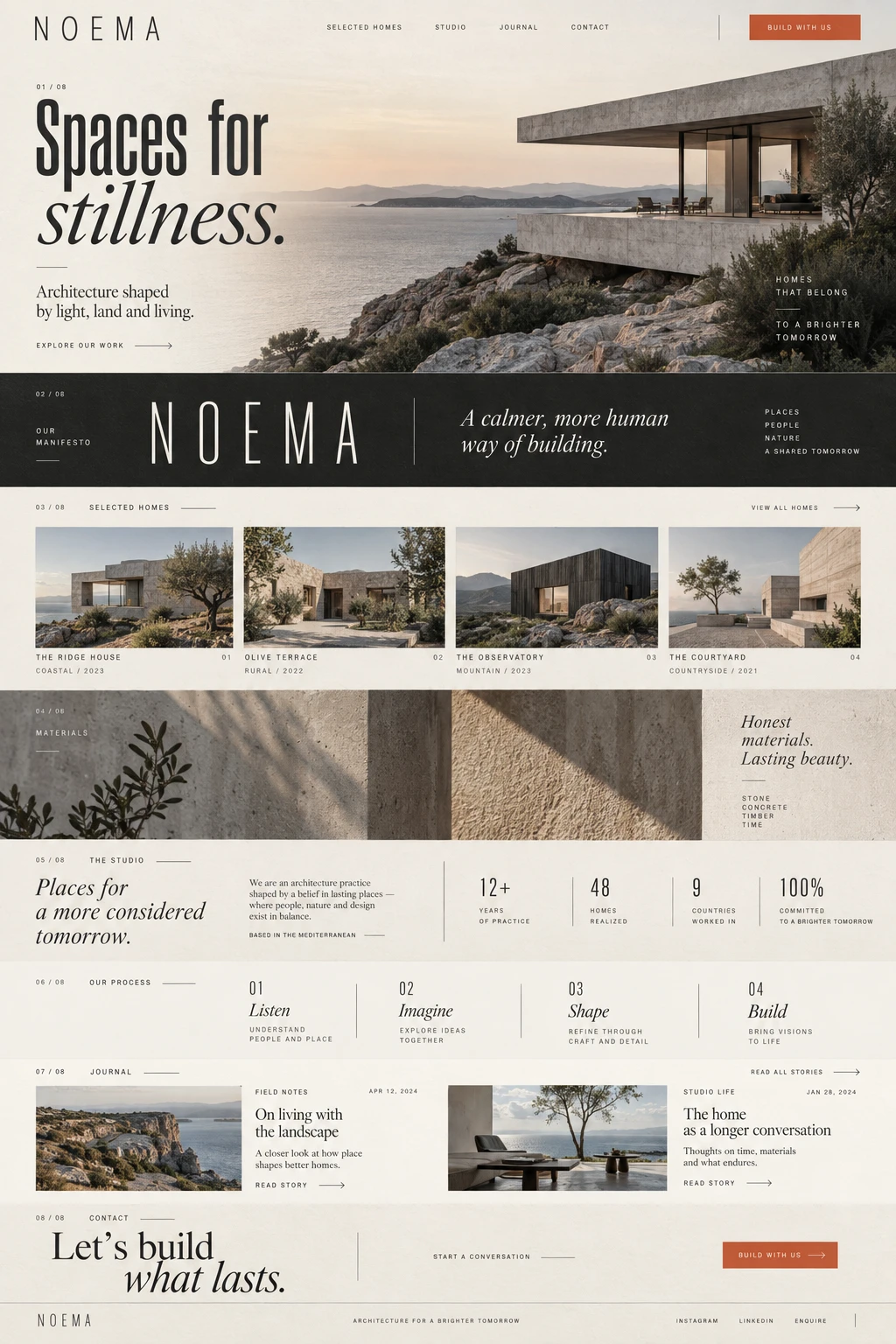 NOEMA architecture homepage concept in warm ivory and charcoal, with a coastal concrete home, selected residences, natural materials and an editorial studio journal.
