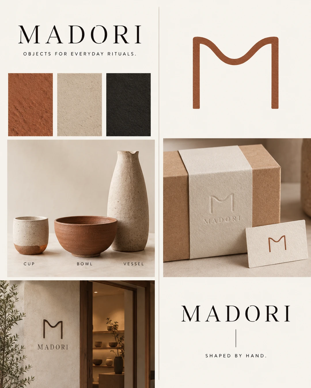 MADORI ceramics identity board with a terracotta M symbol, clay and cream textures, ceramic cup, bowl and vase, embossed paper packaging, business card and studio storefront.