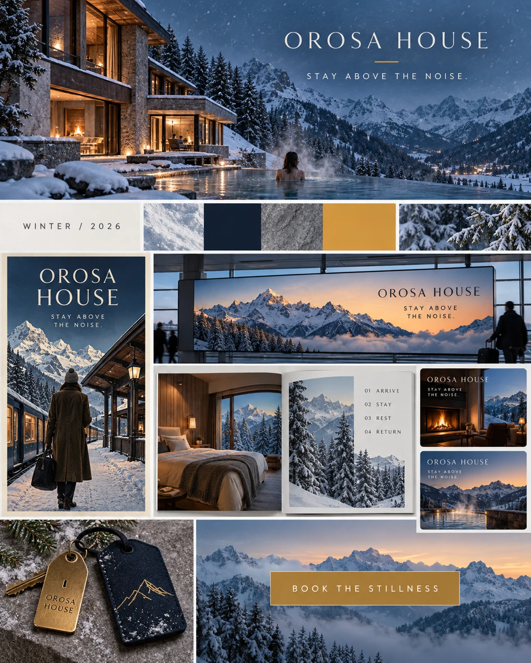 OROSA HOUSE winter hotel campaign board with a snowy mountain lodge, steaming outdoor pool, navy and gold palette, airport billboard, guest room, brochure, social layouts and branded room key.