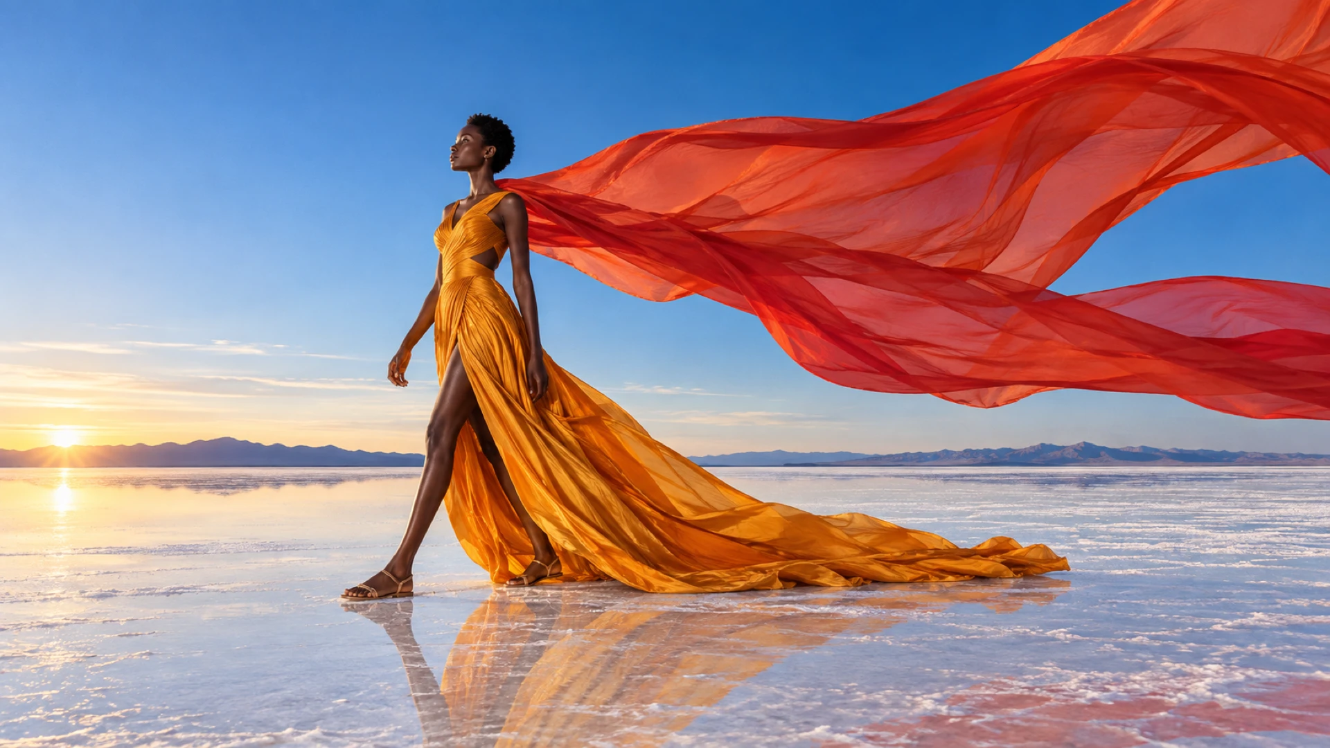 OSTRA women’s fashion art-direction image of a model in a flowing golden dress crossing a reflective salt flat beneath vivid red fabric and a clear blue sky.