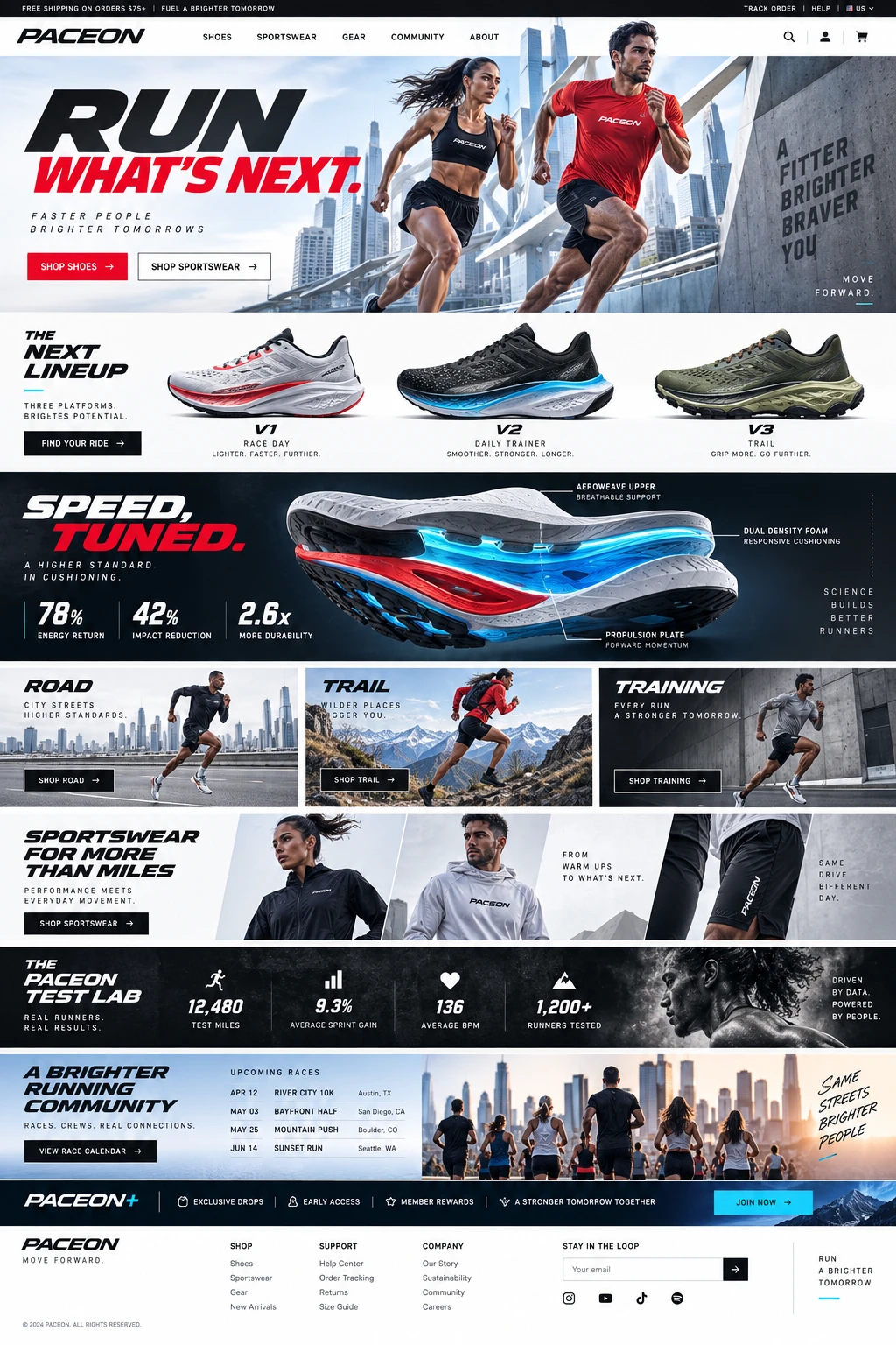 PACEON running footwear homepage concept in white, black and red, featuring urban runners, three shoe models, an exploded sole illustration and a running community.