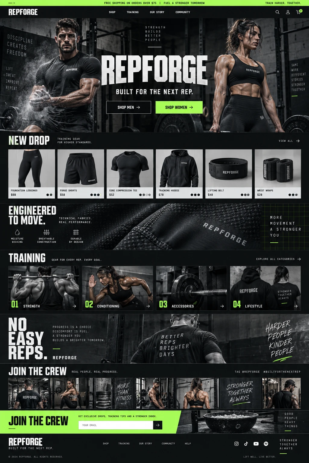 REPFORGE gymwear homepage concept in black and acid green, featuring strength athletes, training apparel, fabric close-ups and a weightlifting community.