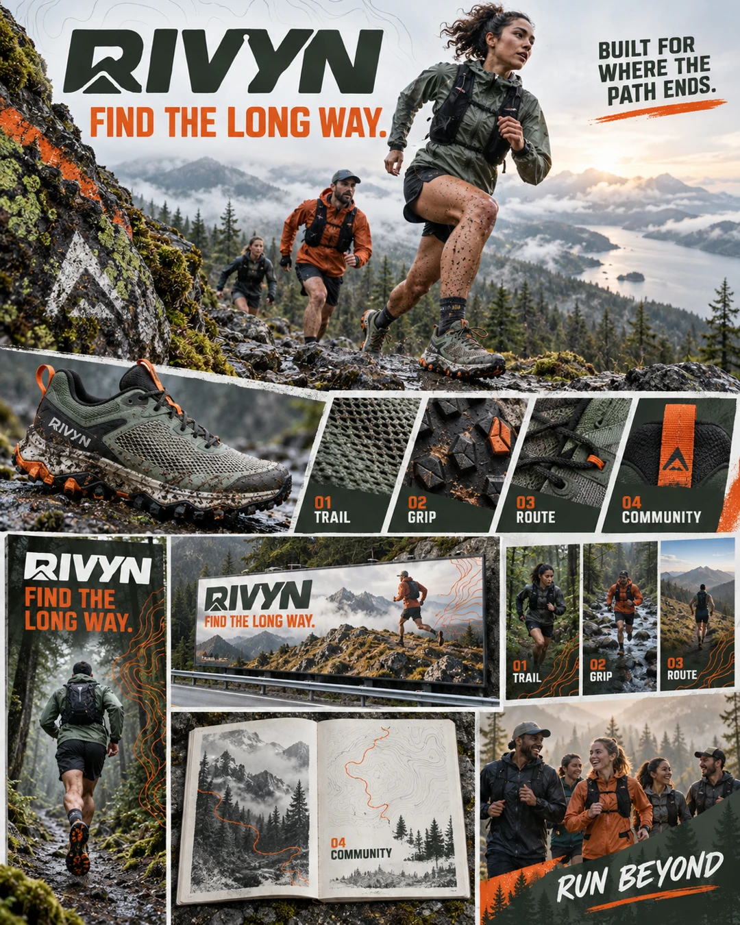 RIVYN trail footwear campaign board showing runners on a rocky mountain path, a green and orange trail shoe, sole and fabric details, route graphics, roadside billboard, social stories and a running group.