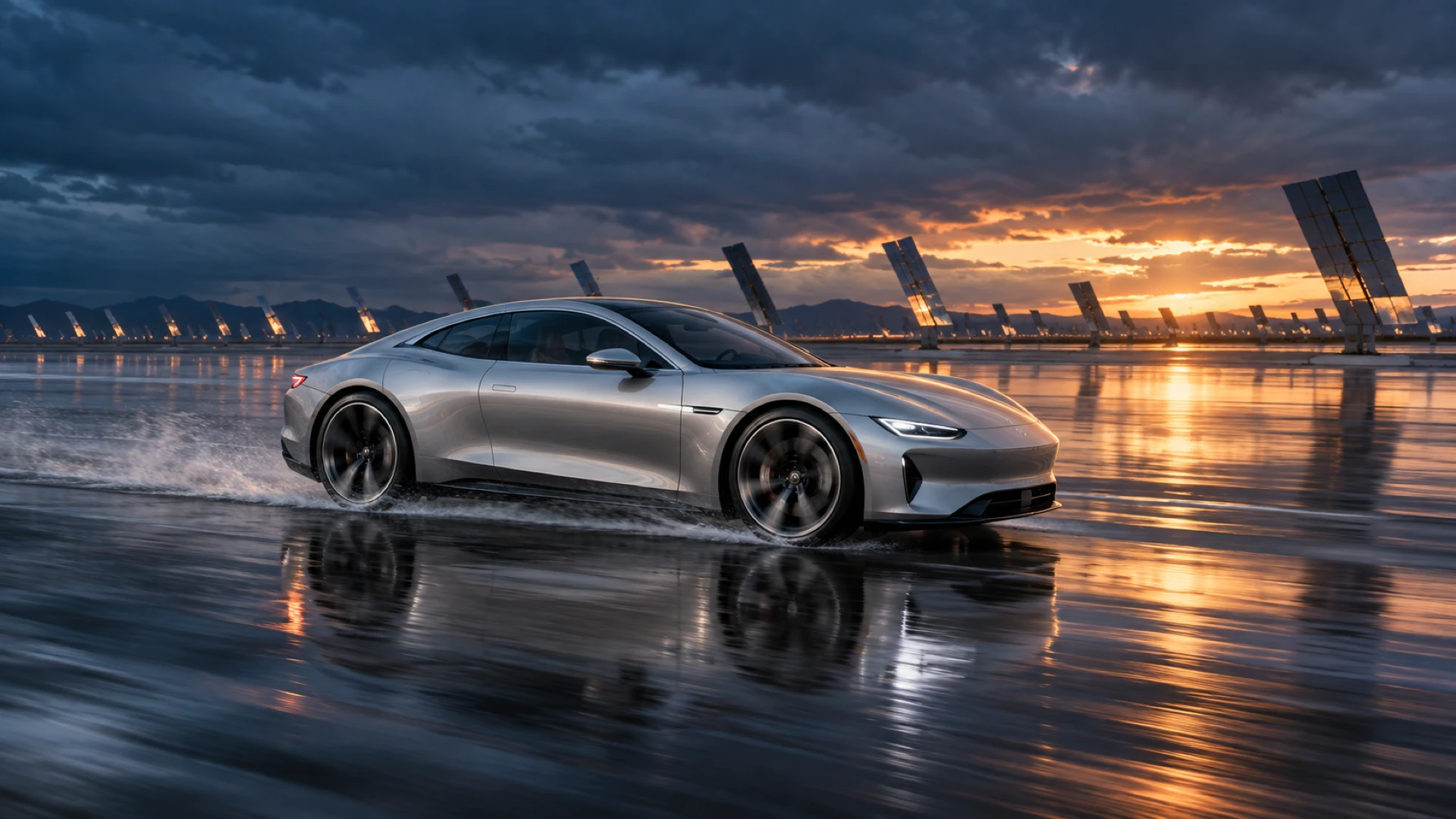 SAEVOR electric-car art-direction image of a silver performance sedan moving across a rain-slicked solar field beneath storm clouds and a glowing sunset.