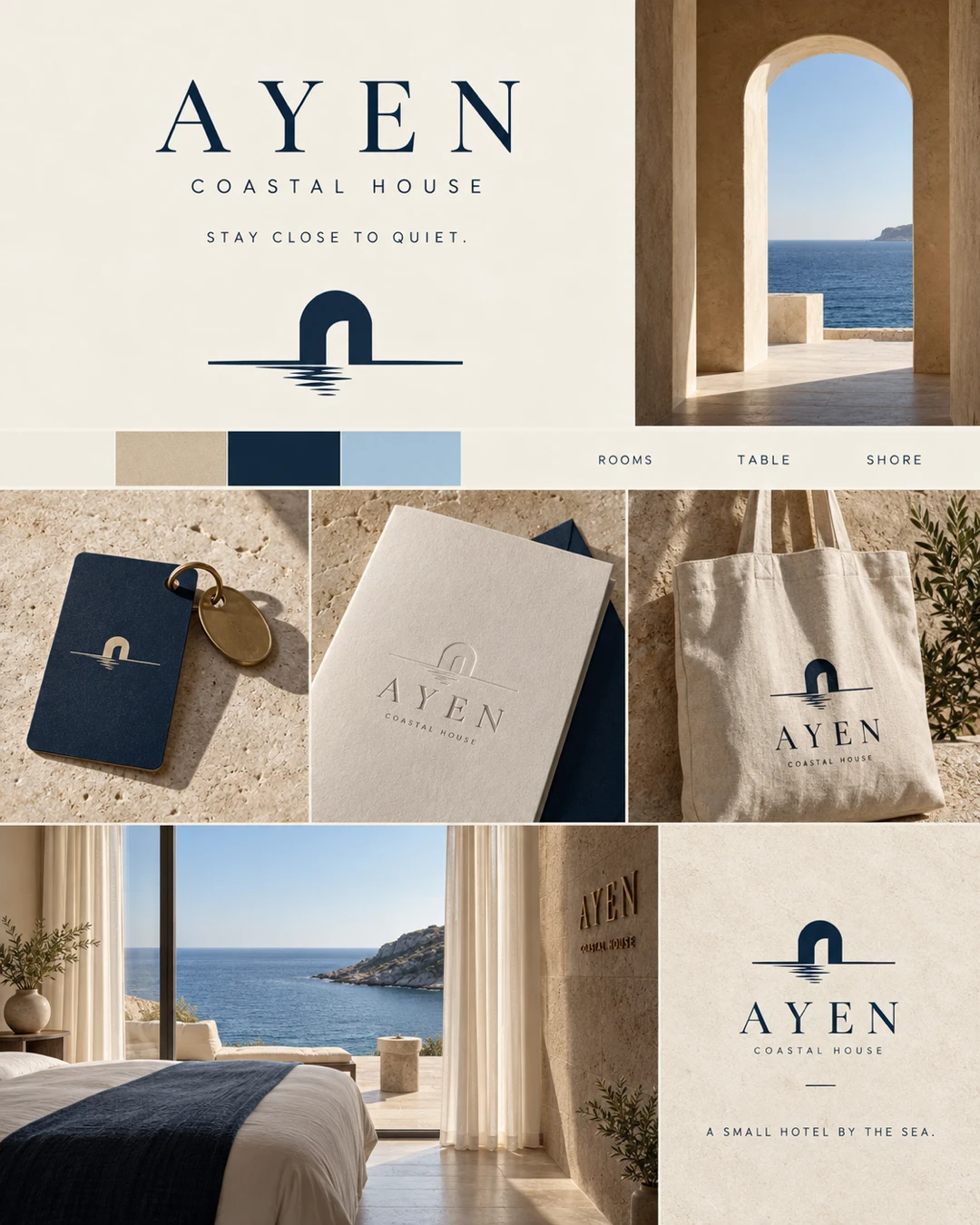 AYEN coastal house identity board with a navy arch and sea symbol, cream and blue palette, room key tag, embossed stationery, canvas tote and a sunlit sea-view hotel room.