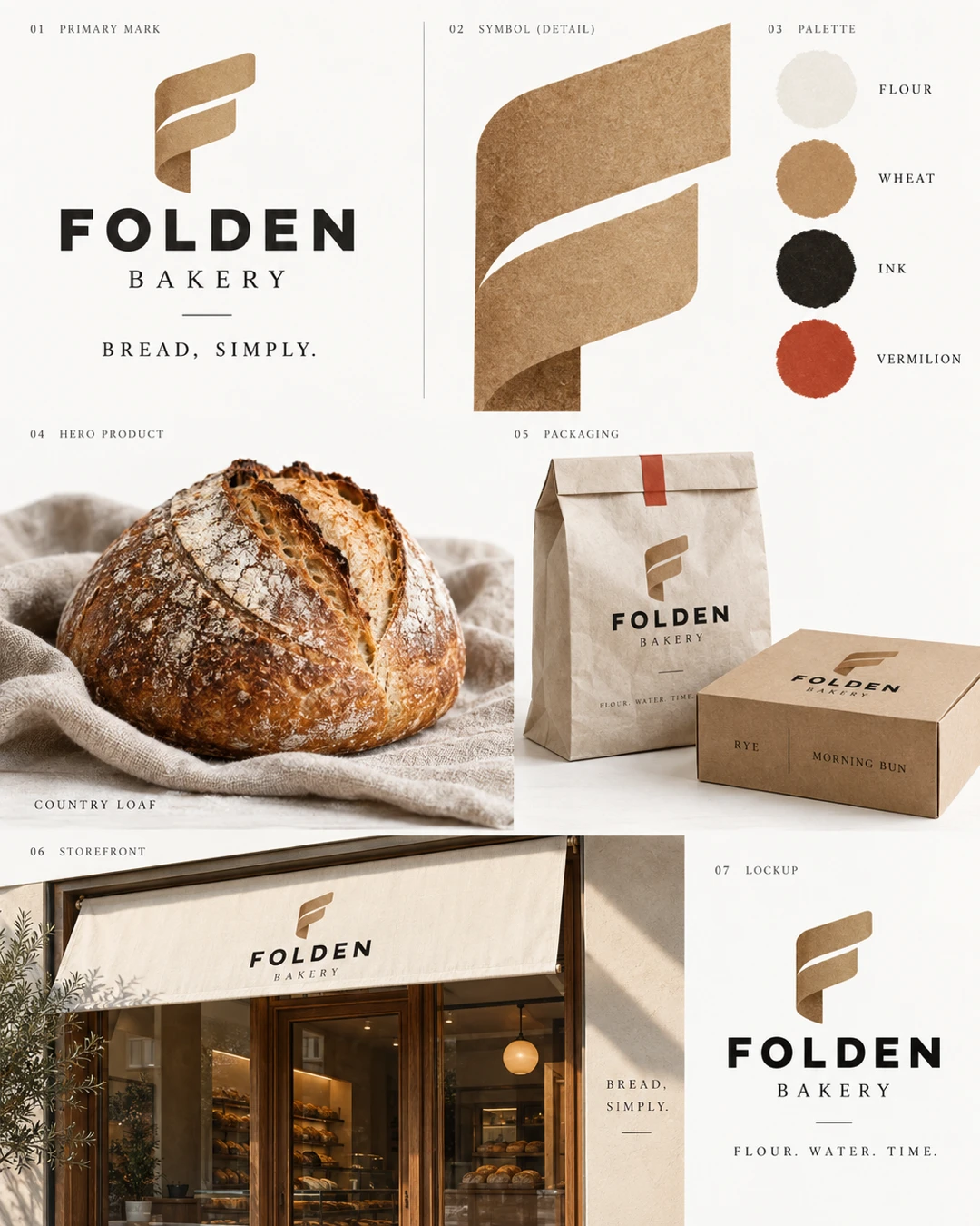 FOLDEN bakery identity board showing a folded wheat-gold F symbol, flour and vermilion palette, sourdough loaf, kraft paper bag, pastry box and branded bakery awning.