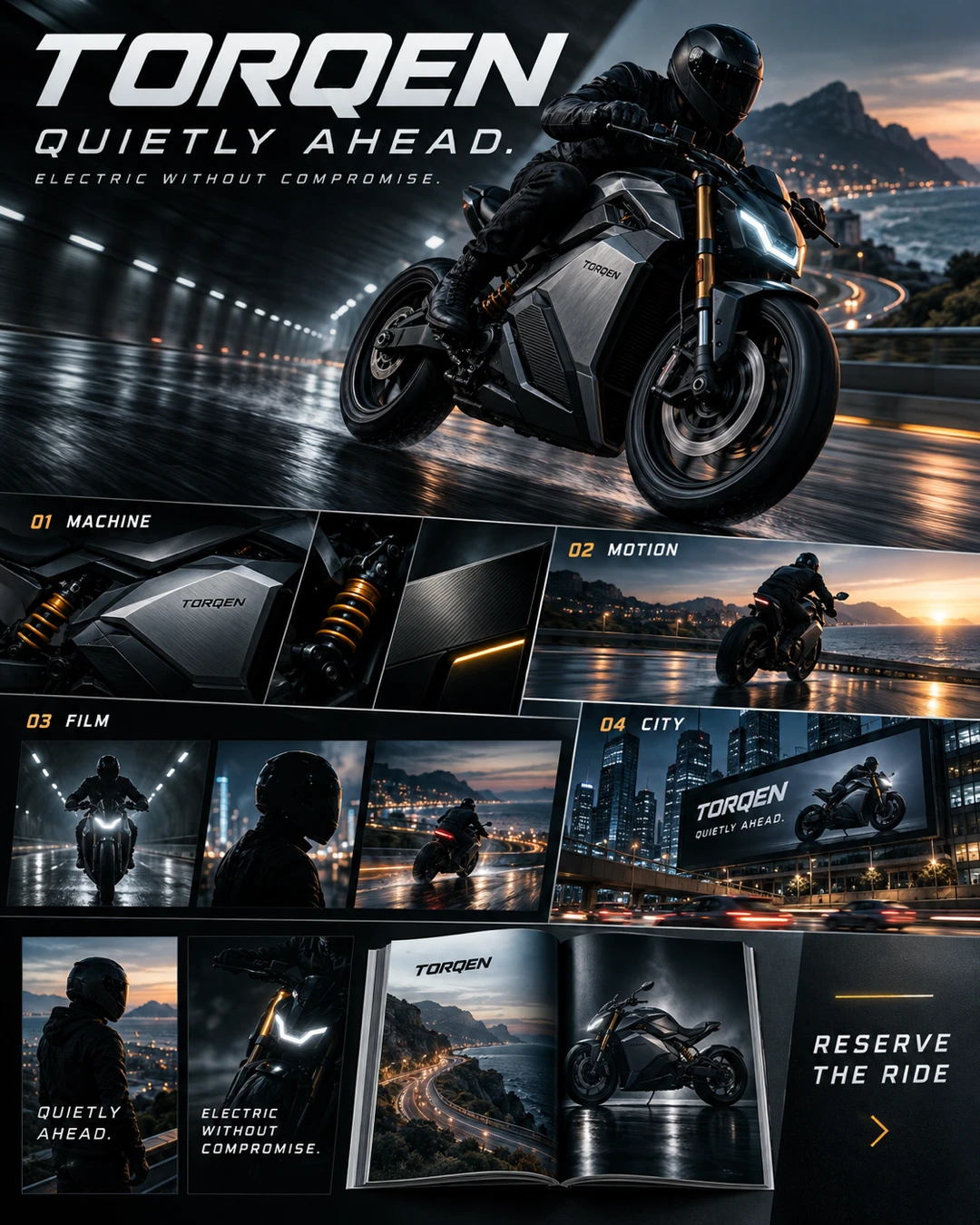 TORQEN electric motorcycle campaign board with a helmeted rider on a wet coastal road, graphite and amber styling, mechanical close-ups, storyboard stills, city billboard, social layouts and a printed lookbook.