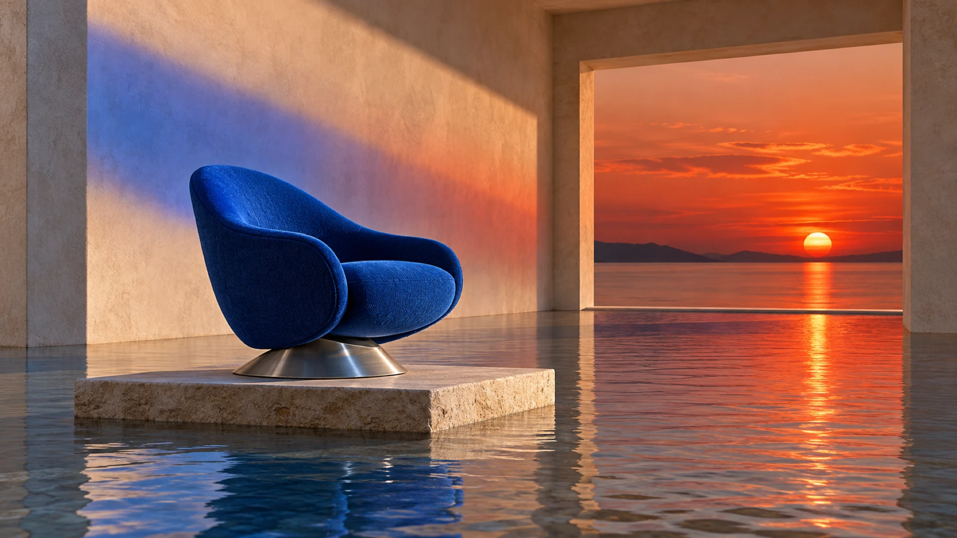 TOVEN furniture art-direction image of a sculptural deep-blue lounge chair on a stone plinth within a minimal waterside interior at orange sunset.