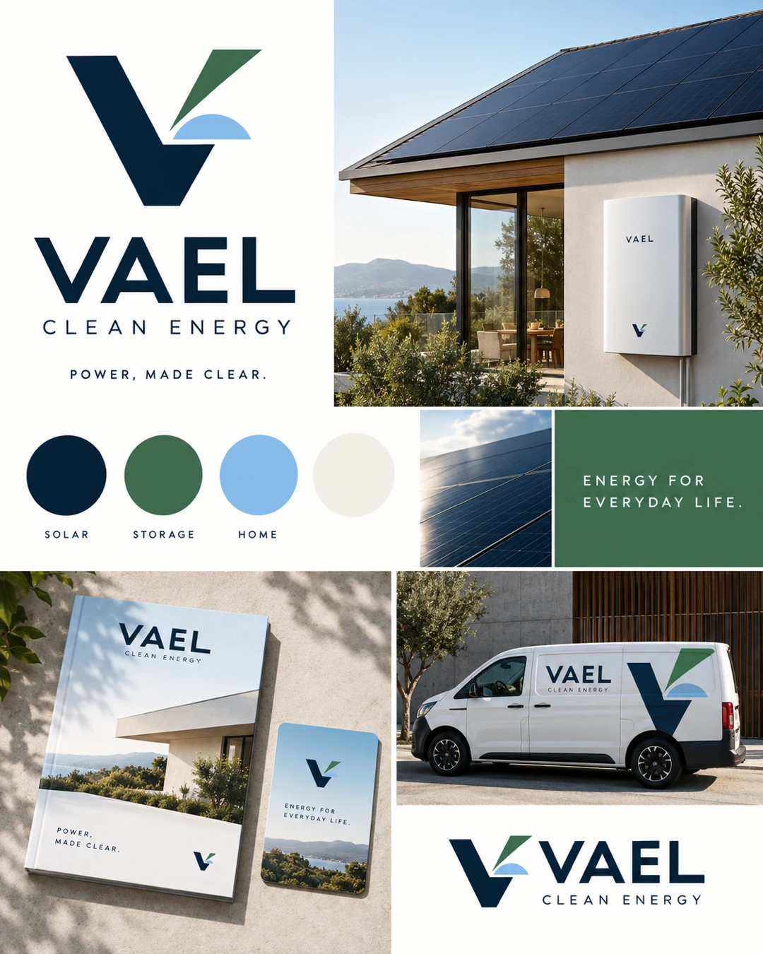 VAEL clean energy identity board with a geometric navy, green and sky-blue V logo, a solar-powered home and wall battery, printed brochure, business card and branded service van.