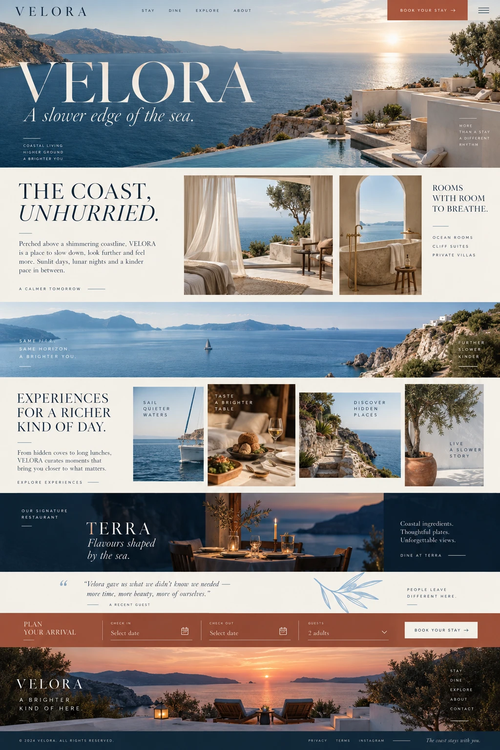 VELORA coastal hotel homepage concept with an oceanfront terrace, airy cream typography, guest rooms, local experiences, dining and a sunset booking section.