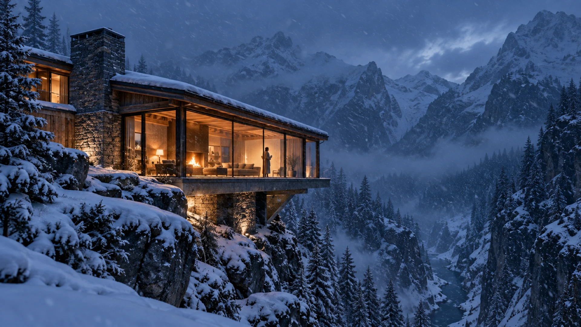 VELT HOUSE hospitality art-direction image of a warmly lit glass-and-stone mountain retreat perched above a snowy alpine valley during a blue-hour snowstorm.