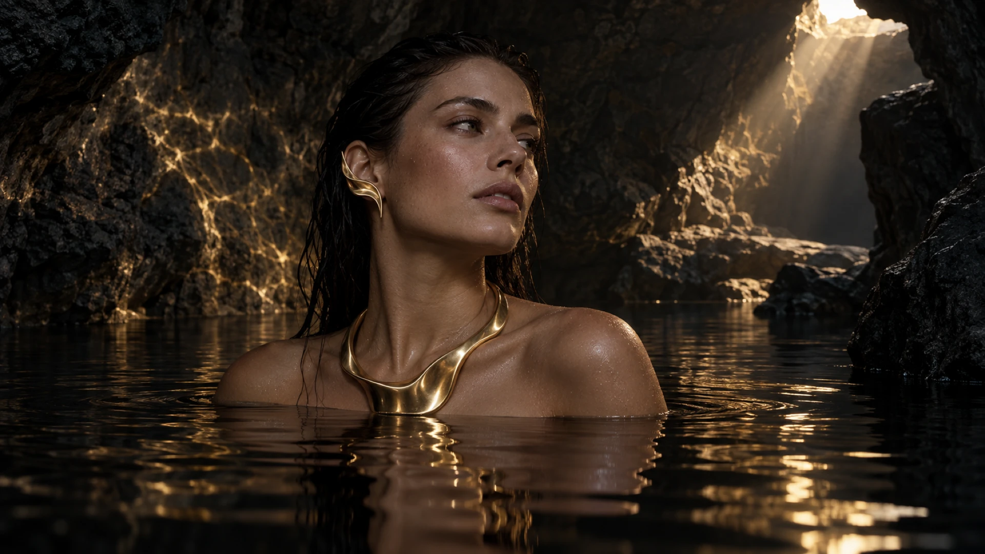 VIRENNE jewelry art-direction image of a woman wearing sculptural gold ear and neck pieces while standing in dark cave water beneath a shaft of warm sunlight.